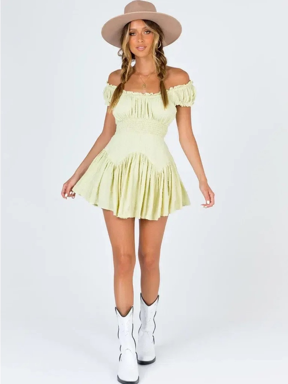 Princess Polly Pale Green Off-Shoulder Smocked Mini Dress